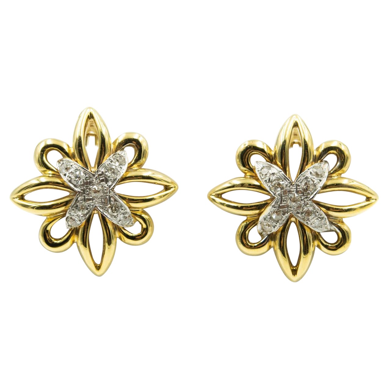 Large Diamond Yellow Gold Flower Earrings For Sale