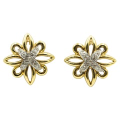 Vintage Large Diamond Yellow Gold Flower Earrings