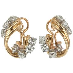 1950s Old European Cut Diamond Gold Platinum Twist Earrings