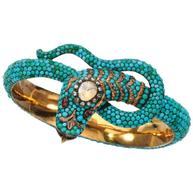 1850 Turquoise Garnet Diamond Gold Snake Bangle at 1stDibs