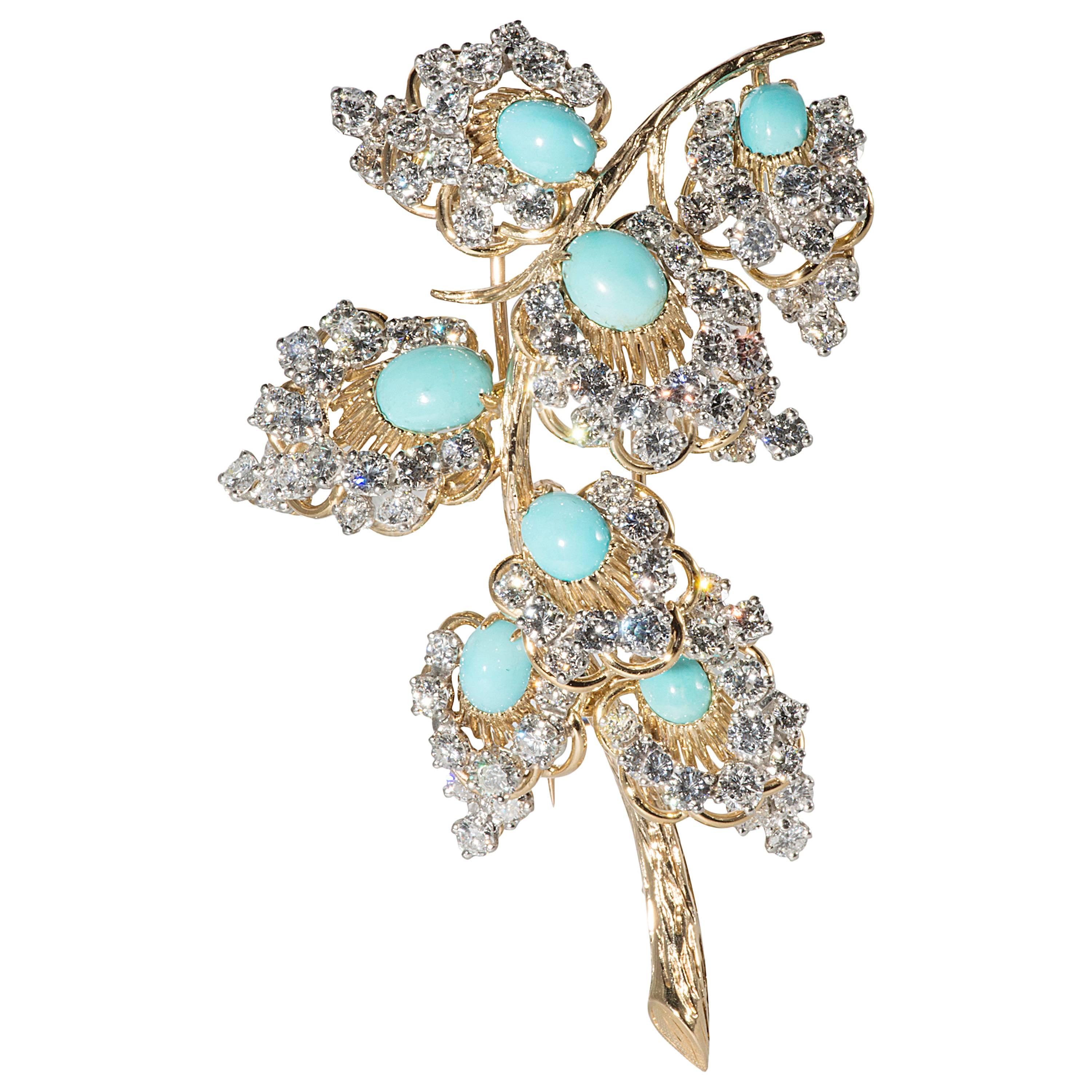French Turquoise, Diamond, Gold  & Platinum Brooch For Sale