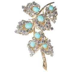 French Turquoise, Diamond, Gold  & Platinum Brooch