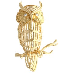 Vintage Diamond and Yellow Gold Owl Brooch Circa 1970