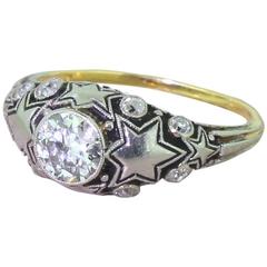 Art Deco 0.75 Carat Old European Cut Diamond enamel platinum Stars Ring