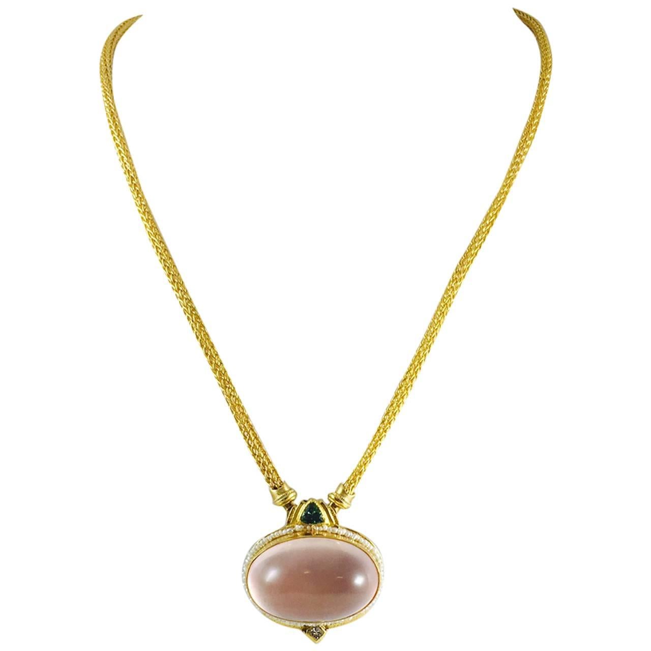 Pink Quartz Tourmaline Diamond Gold Necklace For Sale