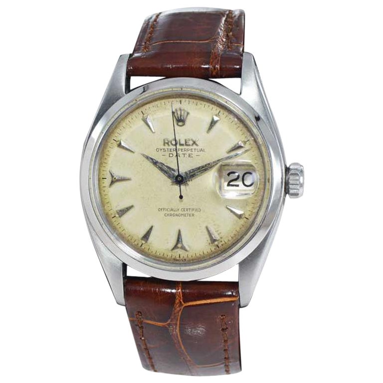 Rolex Stainless Steel Oyster Perpetual Patinated Dial Manual Watch, 1957 For Sale
