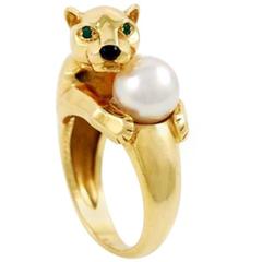 Cartier Onyx Pearl Emerald Gold Panther Ring