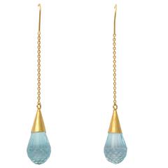 Faceted Blue Topaz Briolette Gold Drop Earrings