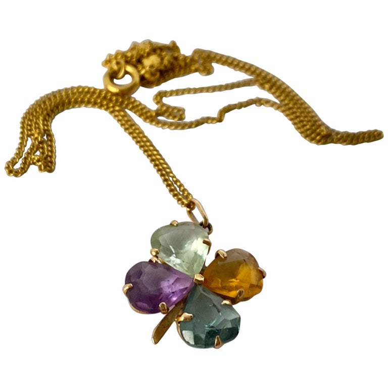 Vintage multi-stone and 18carat Gold Four Leaf Clover Necklace at 1stDibs