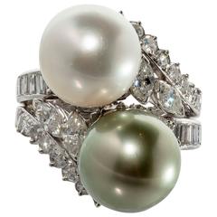 South Sea Pearl and Tahitian Pearl Diamond platinum Cocktail Ring 7