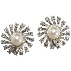 French pearl diamond platinum pinwheel earrings