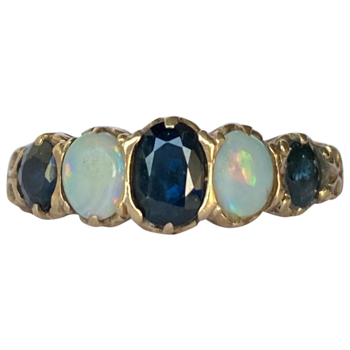 Vintage Sapphire and Opal 9 Carat Gold Five Stone Ring 