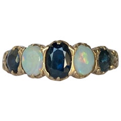 Retro Sapphire and Opal 9 Carat Gold Five Stone Ring 