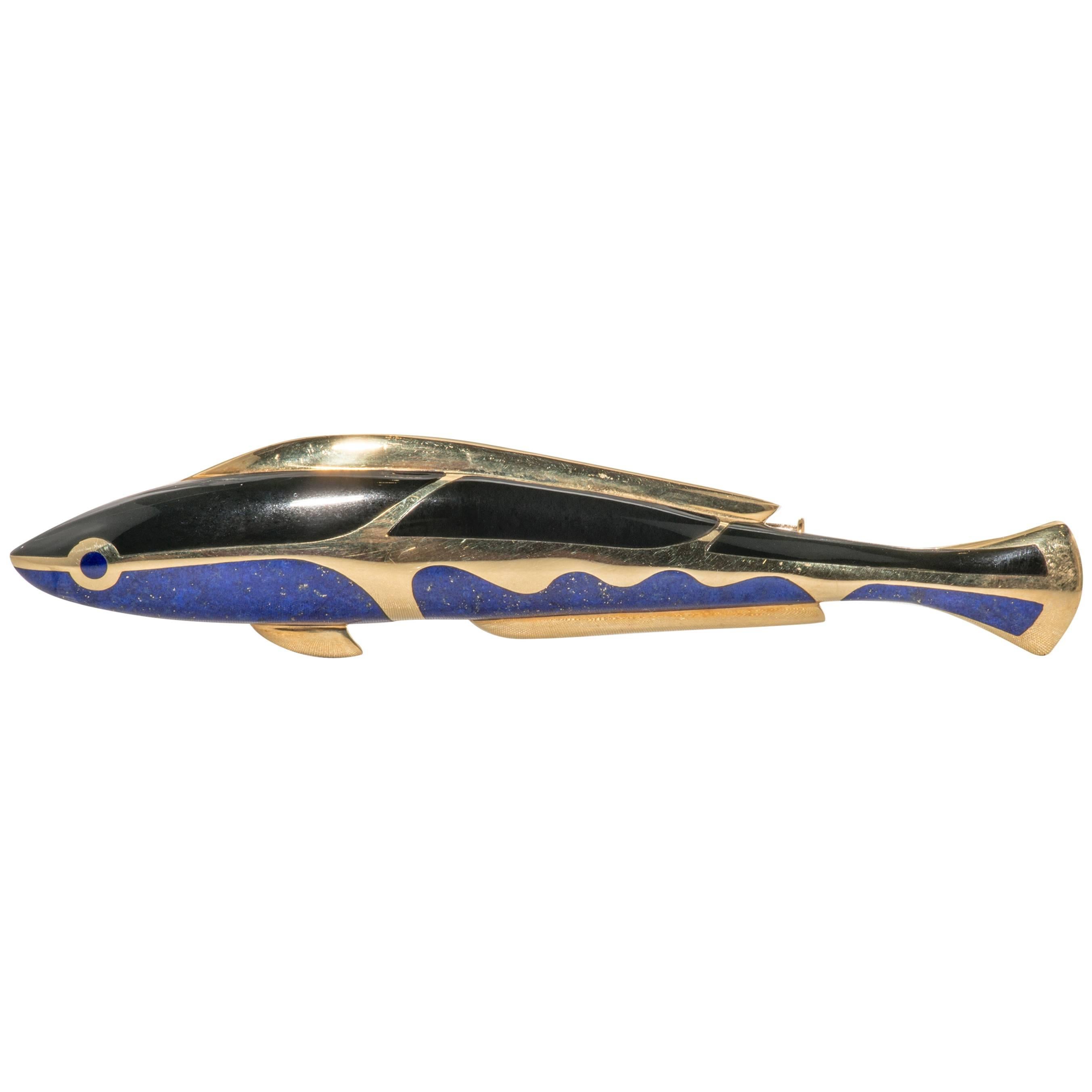 Tiffany & Co. lapis jade gold Fish Brooch For Sale