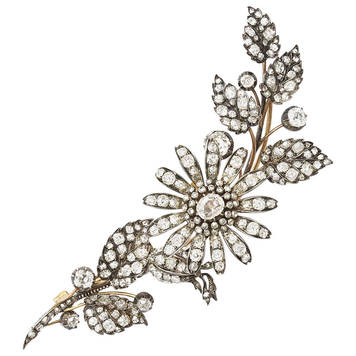 Victorian Diamond Silver Gold En Tremblant Floral Spray Brooch