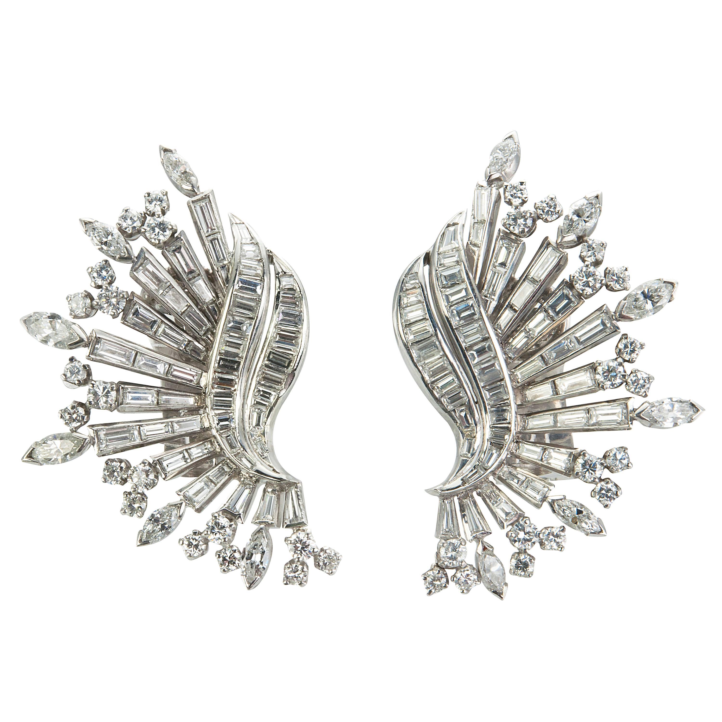 1960s Diamond Platinum Wing Shaped Earrings For Sale