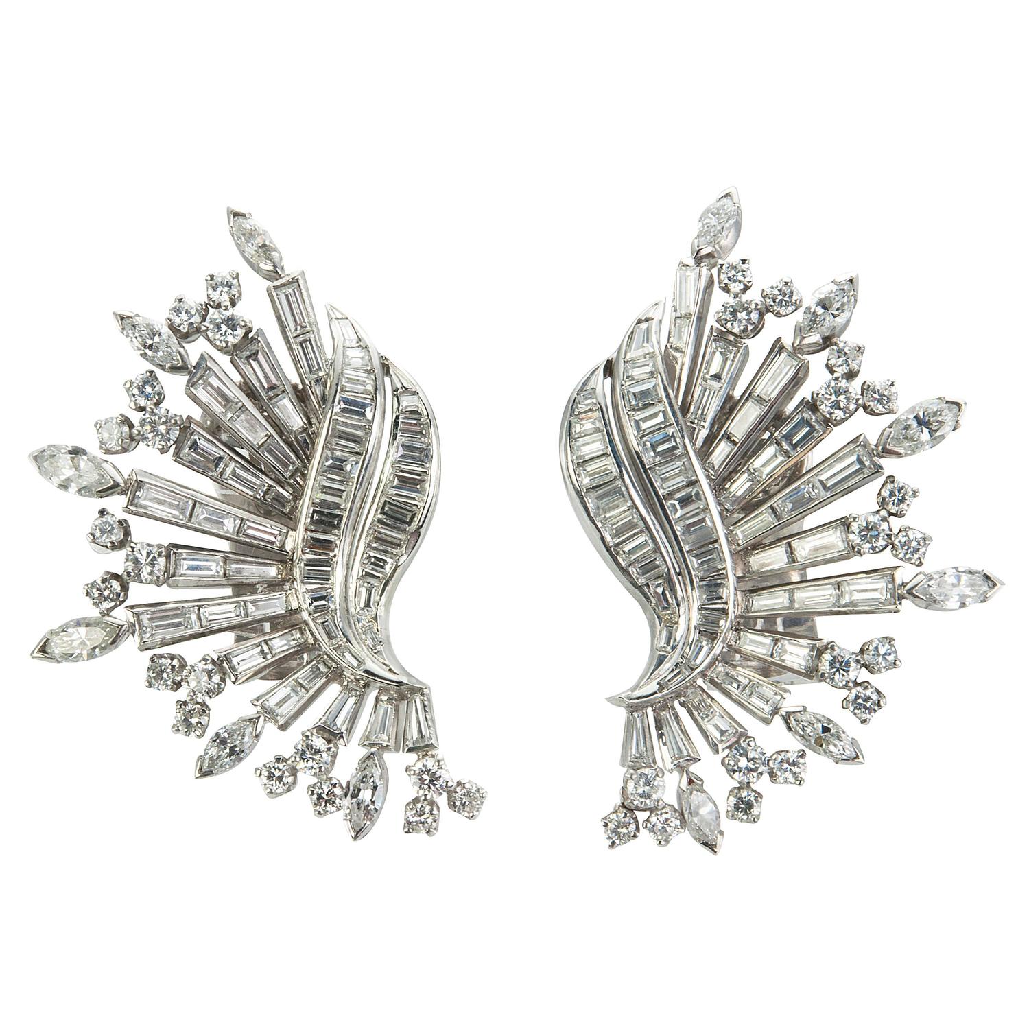1960s diamond Platinum Wing Shaped Earrings For Sale at 1stdibs