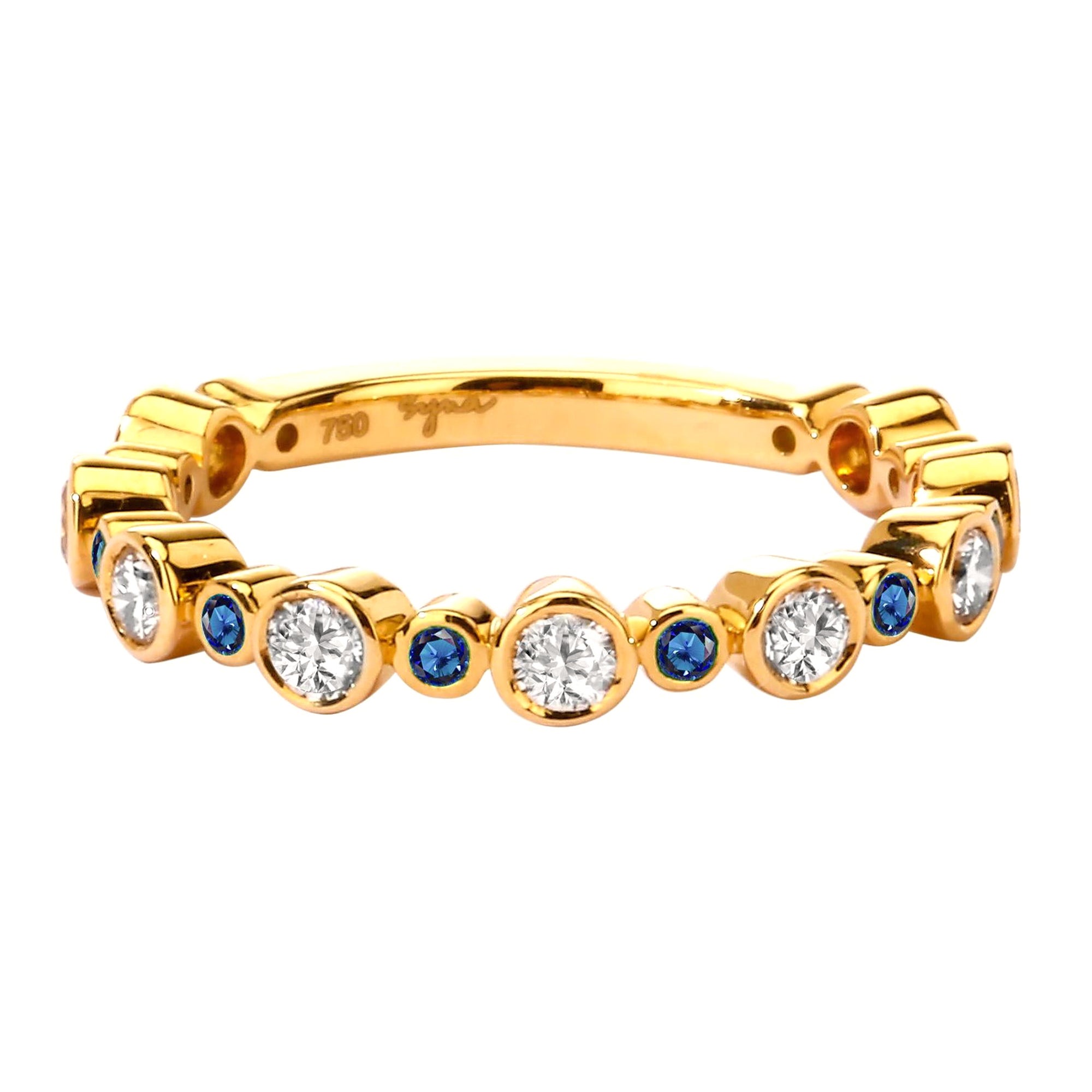 Syna Yellow Gold Band with Blue Sapphires and Diamonds For Sale