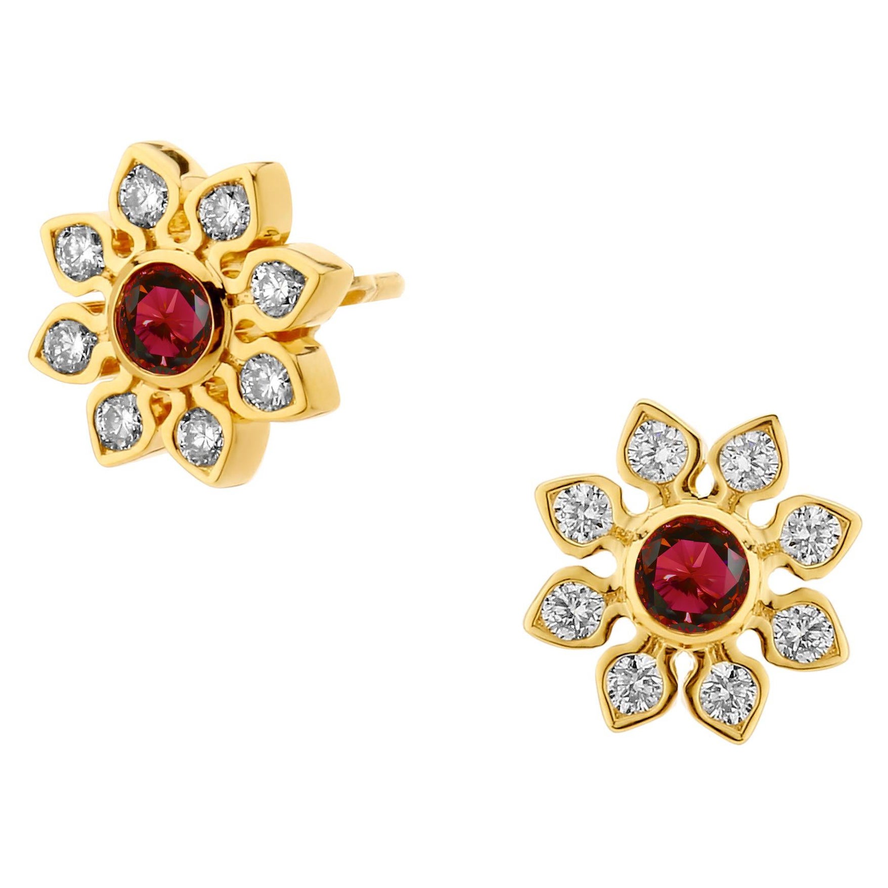Syna Yellow Gold Ruby and Diamond Earrings For Sale