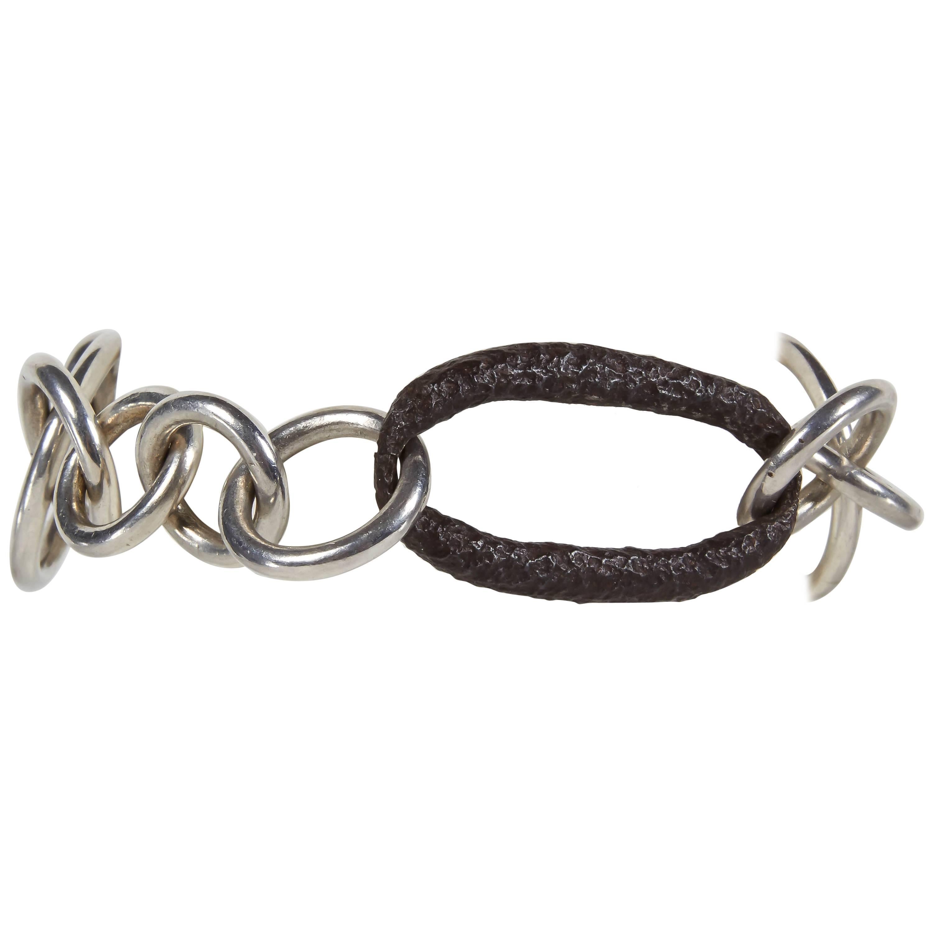 Jean Grisoni Sterling Silver Link Bracelet with Oxydised Steel Oval Link For Sale
