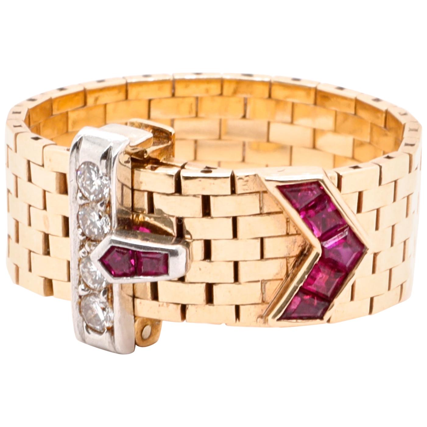 Retro Diamond Ruby 18 Karat Gold Buckle Ring