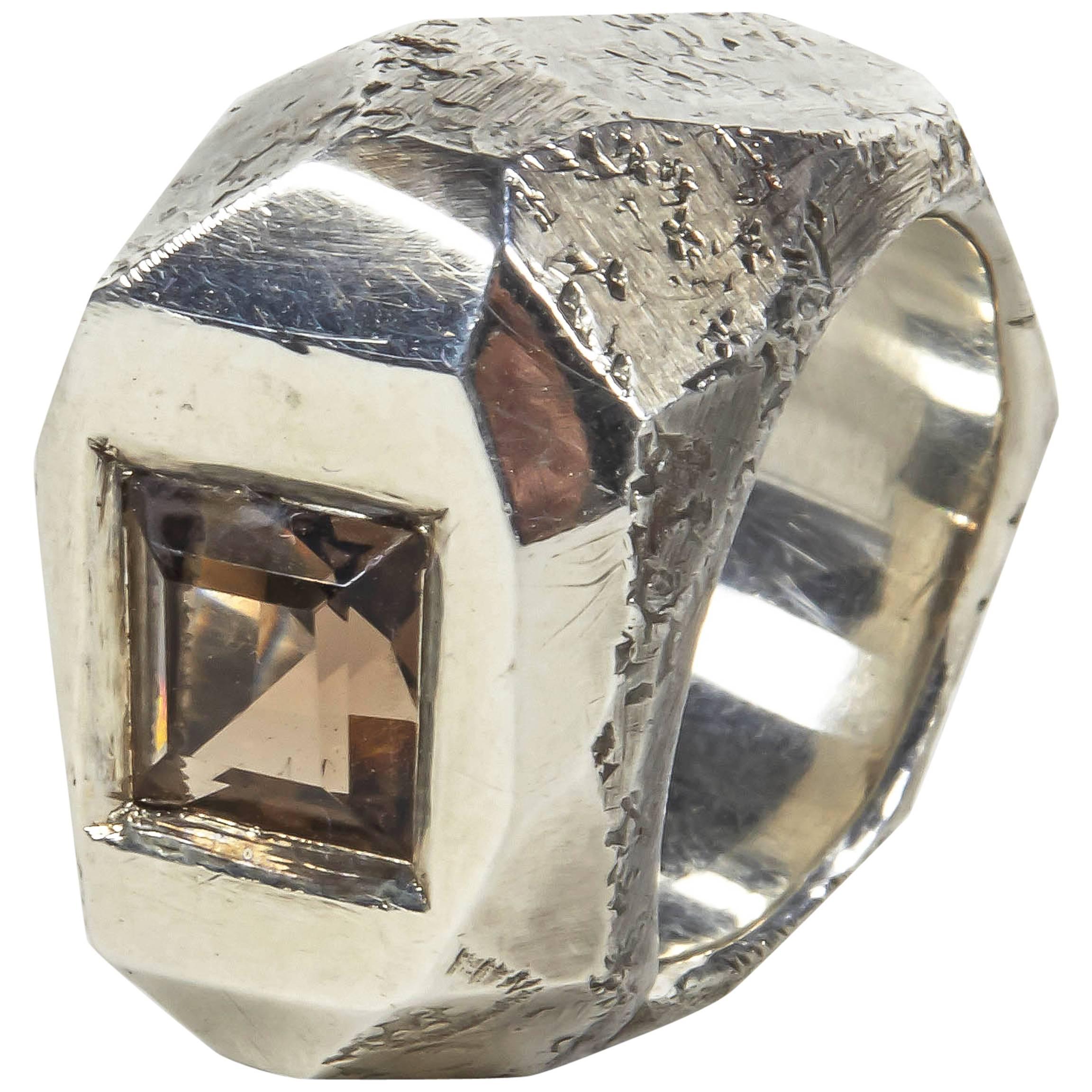 Jean Grisoni Oxydised Silver Ring with Quartz Square Quartz Stone For Sale