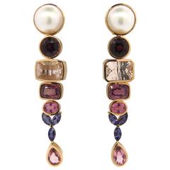 Impressive Large Multicolor Gemstone Pearl Gold Drop Earrings 