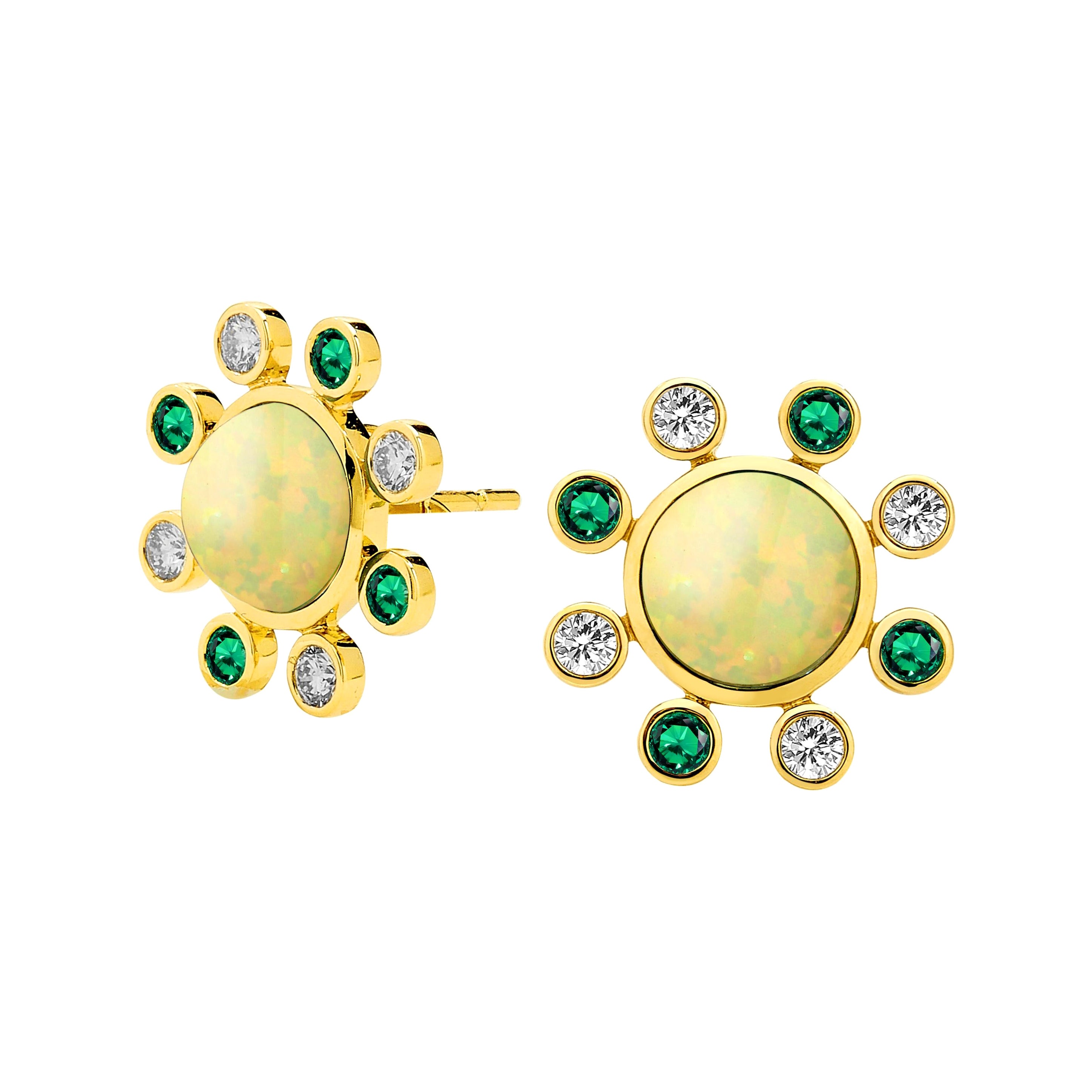 Syna Opal Yellow Gold Earrings with Emeralds and Diamonds For Sale