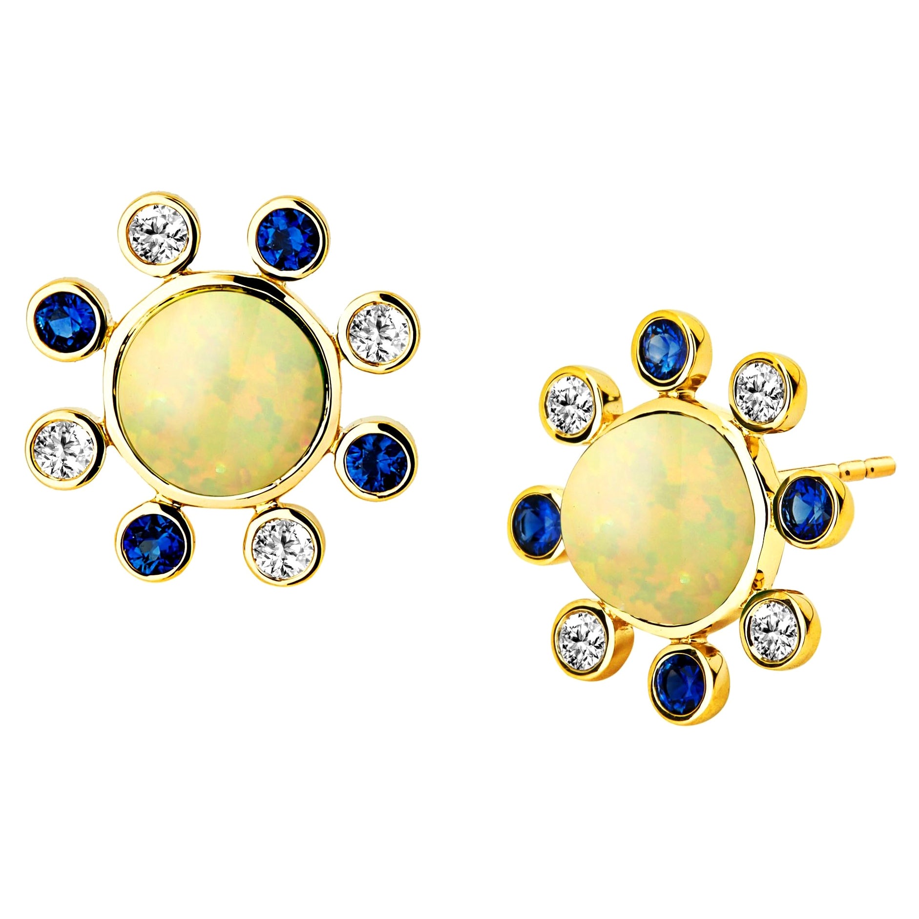 Syna Opal Yellow Gold Earrings with Sapphires and Diamonds For Sale