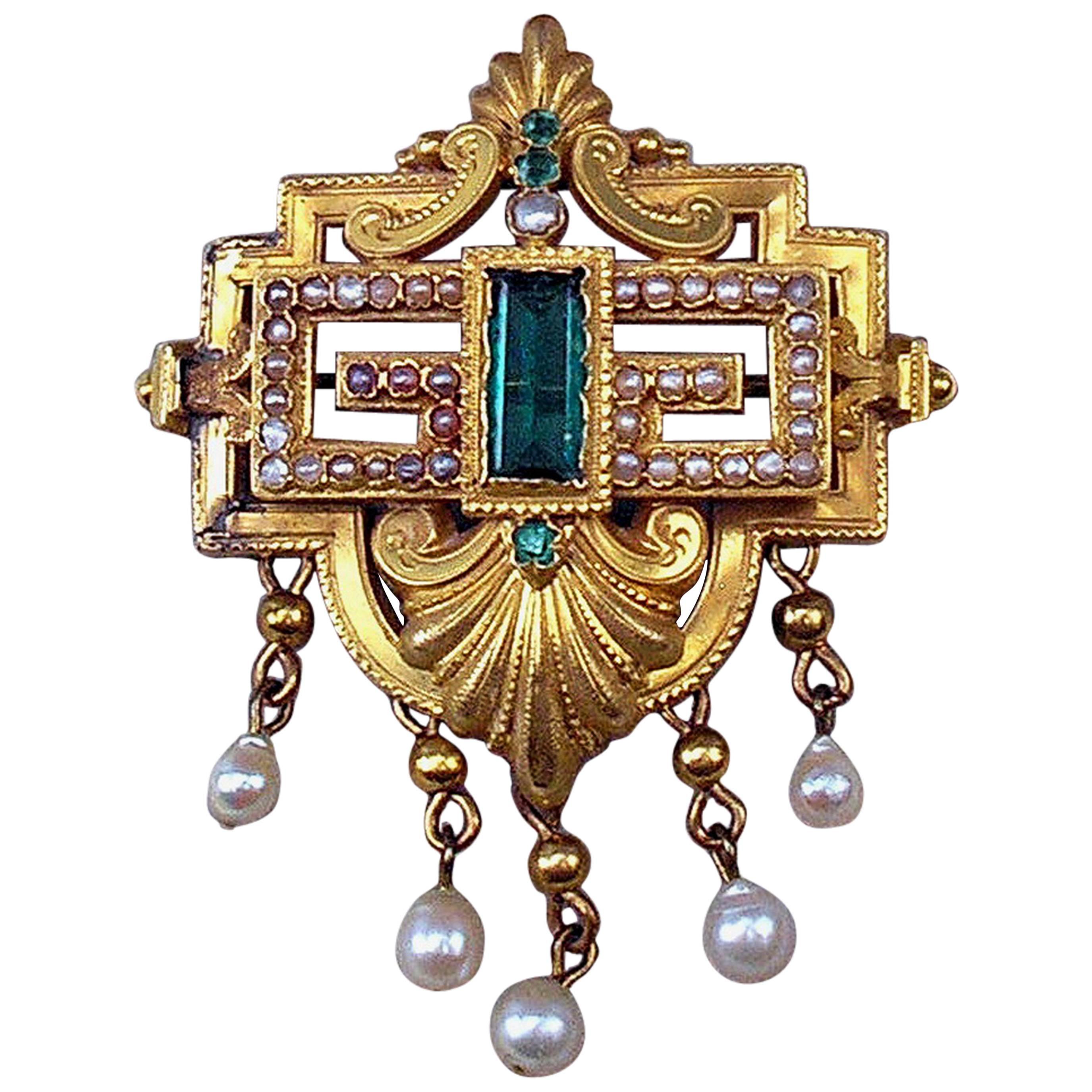 Biedermeier Brooch Gold Emeralds Tourmaline Pearls Original Case made c.1850