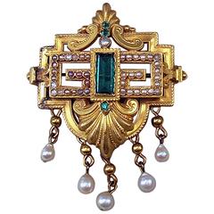 Biedermeier Brooch Gold Emeralds Tourmaline Pearls Original Case made c.1850