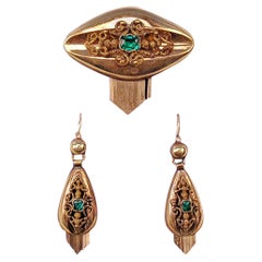 SET VINTAGE BROOCH & EARDROPS GOLD EMERALDS IN ORIGINAL CASE AUSTRIA  c.1870