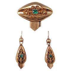 SET VINTAGE BROOCH & EARDROPS GOLD EMERALDS IN ORIGINAL CASE AUSTRIA c.1870 8