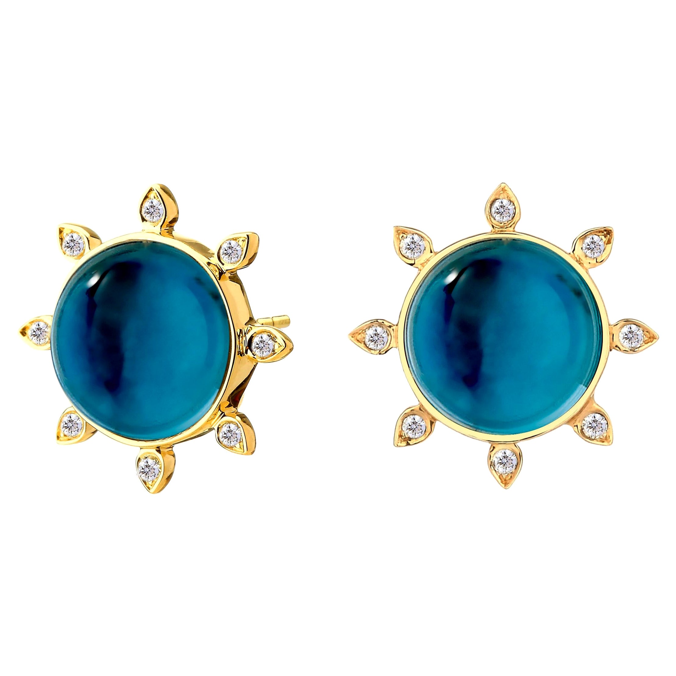 Syna London Blue Topaz Yellow Gold Earrings with Diamonds For Sale