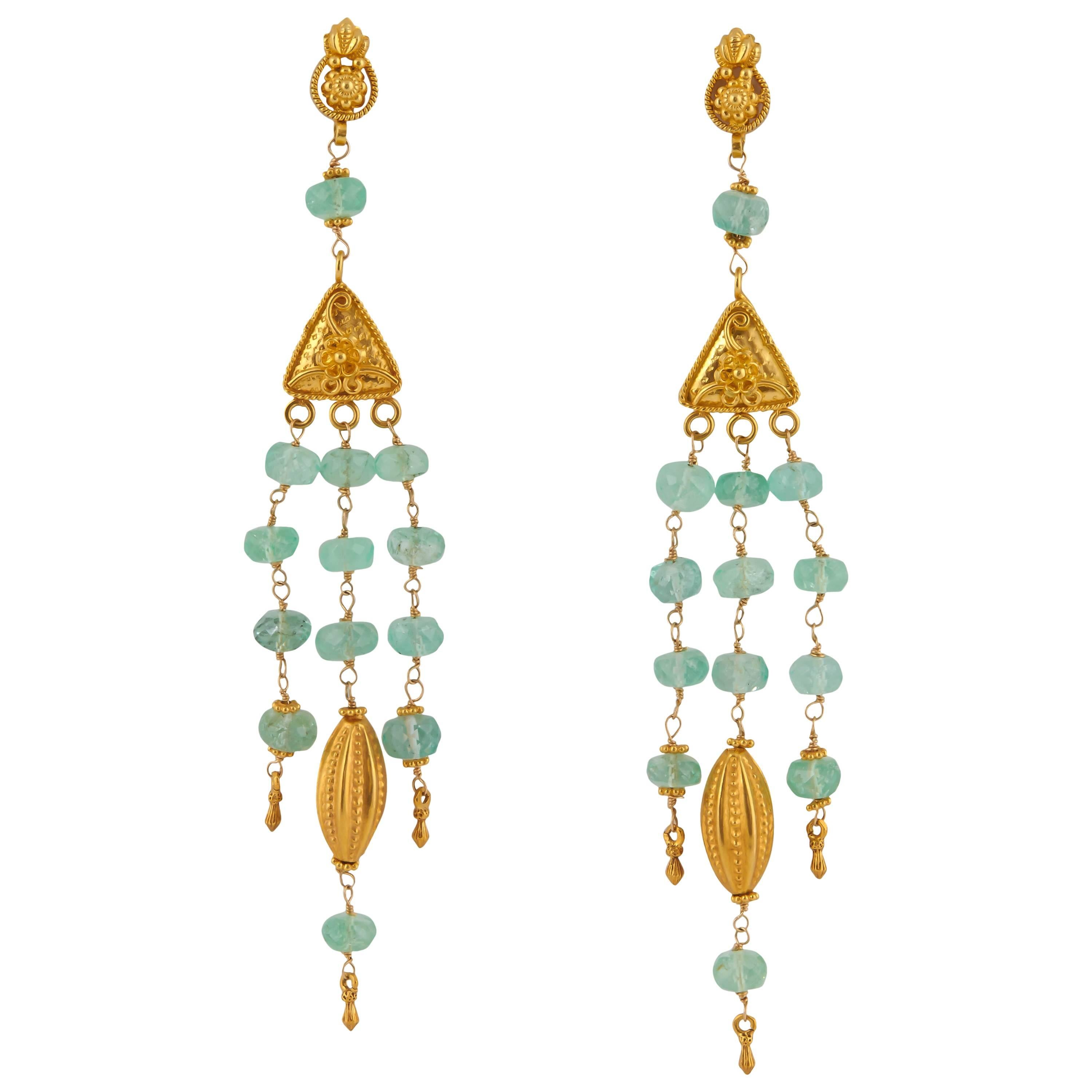 Etruscan Style Emerald Bead and Gold Chandelier Earring For Sale