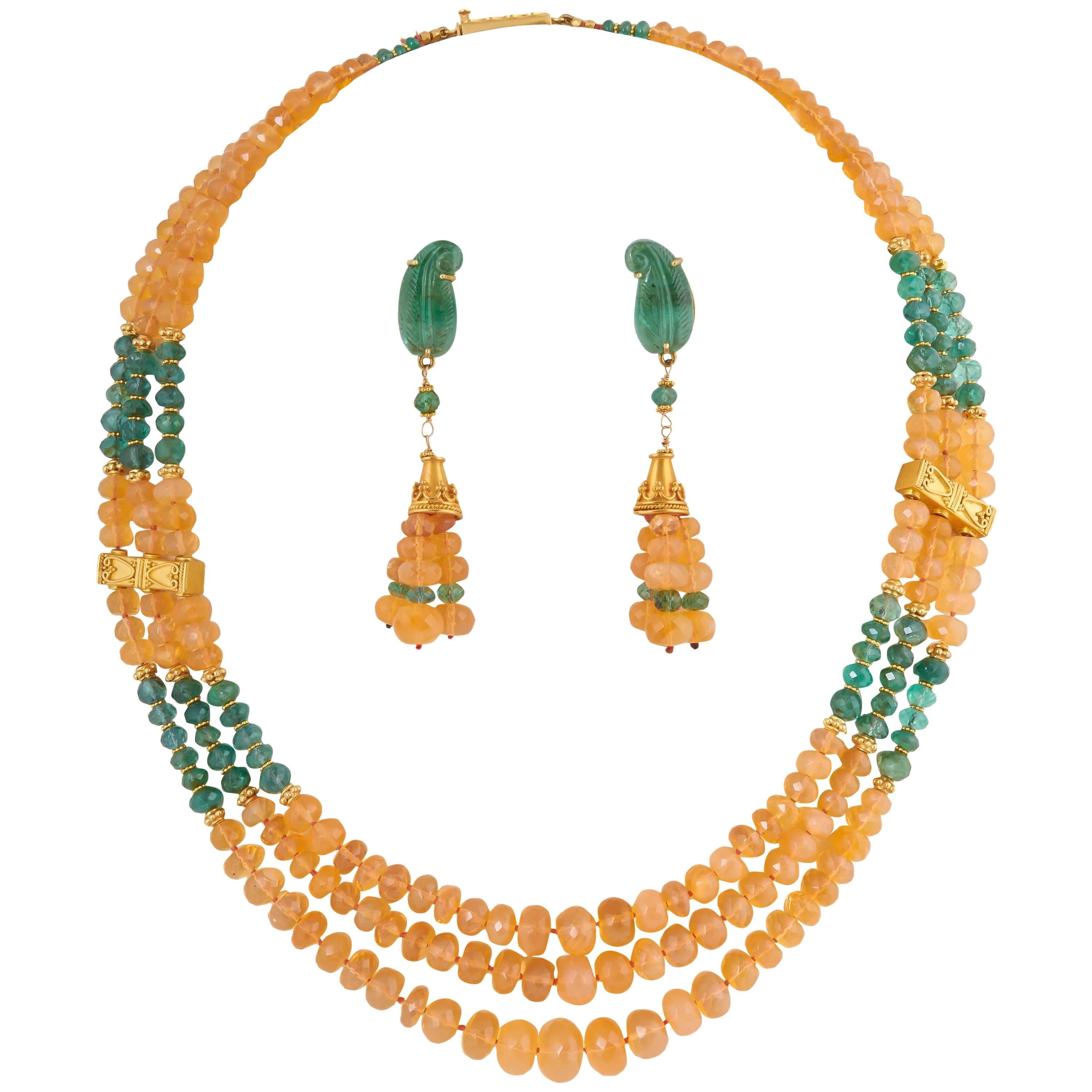 Unique Mexican Fire Opal and Emerald Bead Necklace and Earrings For Sale