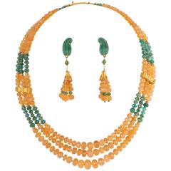 Unique Mexican Fire Opal and Emerald Bead Necklace and Earrings