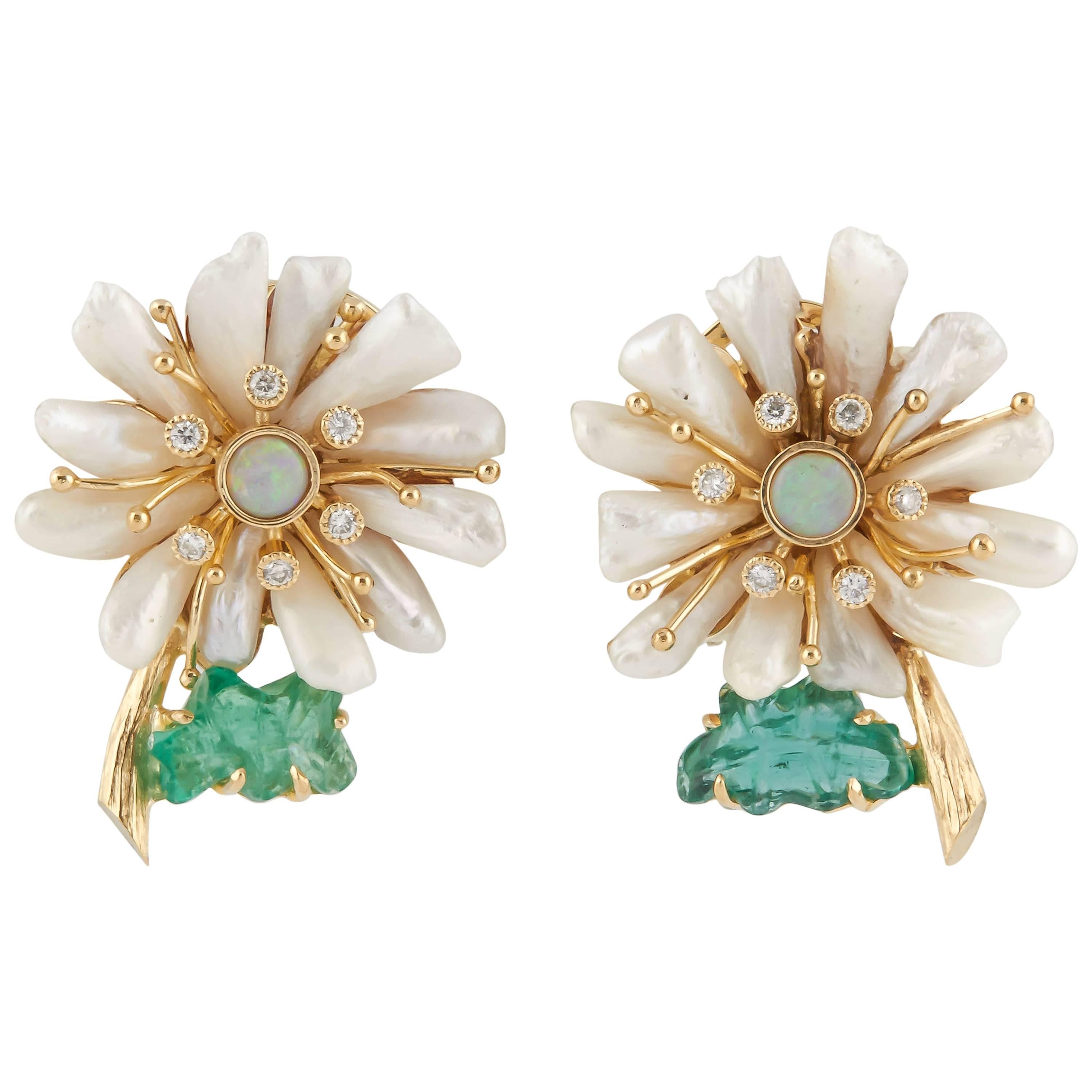 One of a Kind Mississippi Pearl and Emerald Flower Earrings For Sale