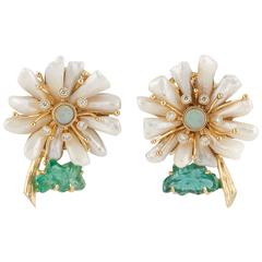 One of a Kind Mississippi Pearl and Emerald Flower Earrings