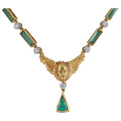 Gold Cherub with Wings Emerald and Diamond Necklace