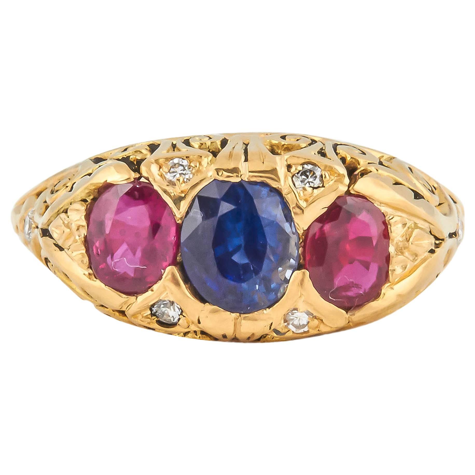 Striking Ruby Sapphire Diamond Gold Ring For Sale