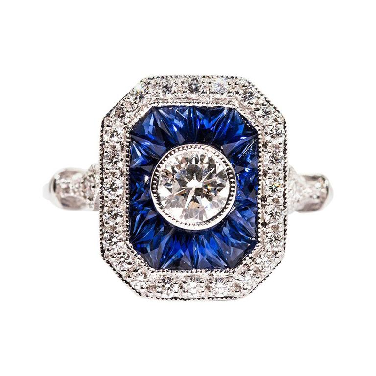 0.50 Carat Certified Diamond and Blue Sapphire 18 Carat White Gold Ring