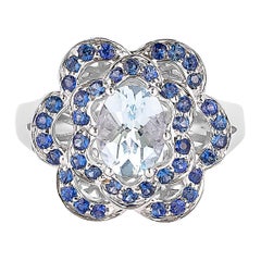 1 Carat Aquamarine and Blue Sapphire Ring in 14 Karat White Gold