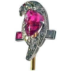 1940s Tiffany & Co. Ruby Diamond Platinum Parrot on gold stickpin
