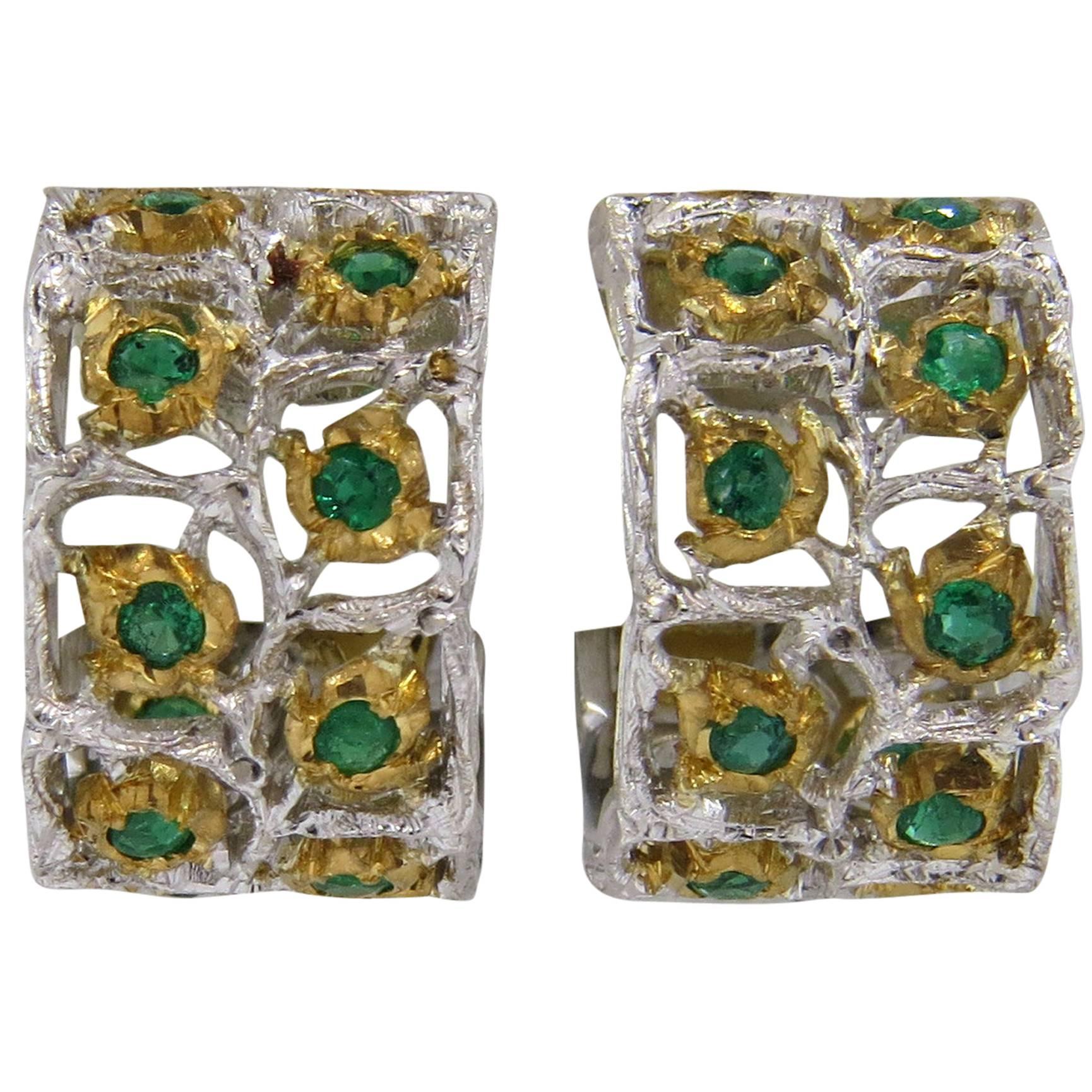 Buccellati Roselline Emerald Gold Hoop Earrings  For Sale