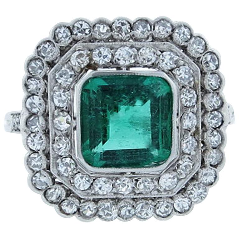 Antique French Natural Emerald diamond platinum Ring at 1stdibs