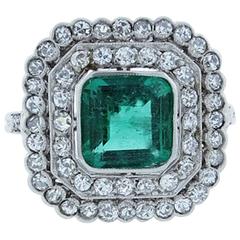 Antique French Natural Emerald diamond platinum Ring