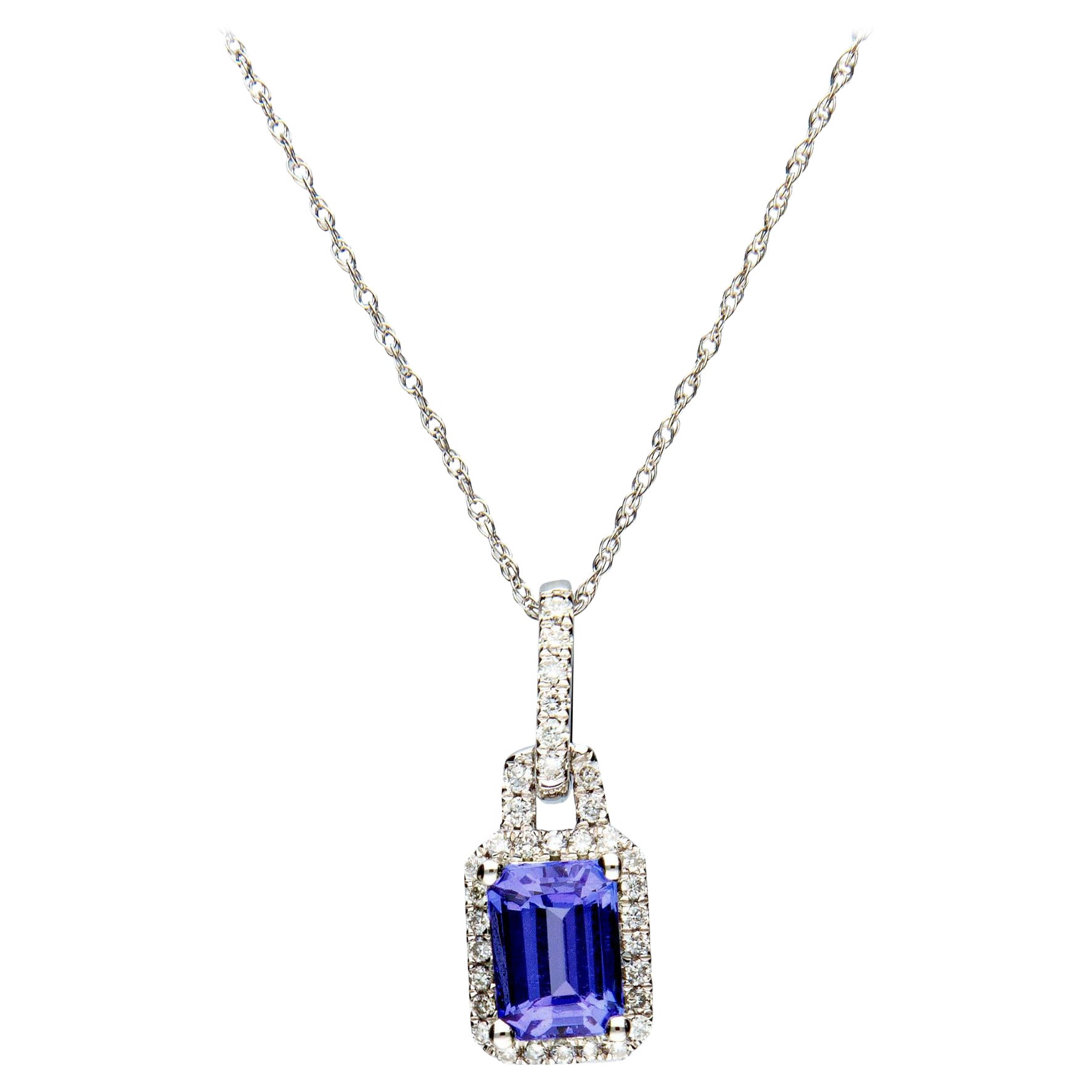 1.08 Carat Genuine Tanzanite and Diamond 14 Karat White Gold Pendant For Sale