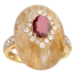 Bague en or jaune 14 carats avec rubis véritable de 3/4 carat, cabochon de rutile et diamants