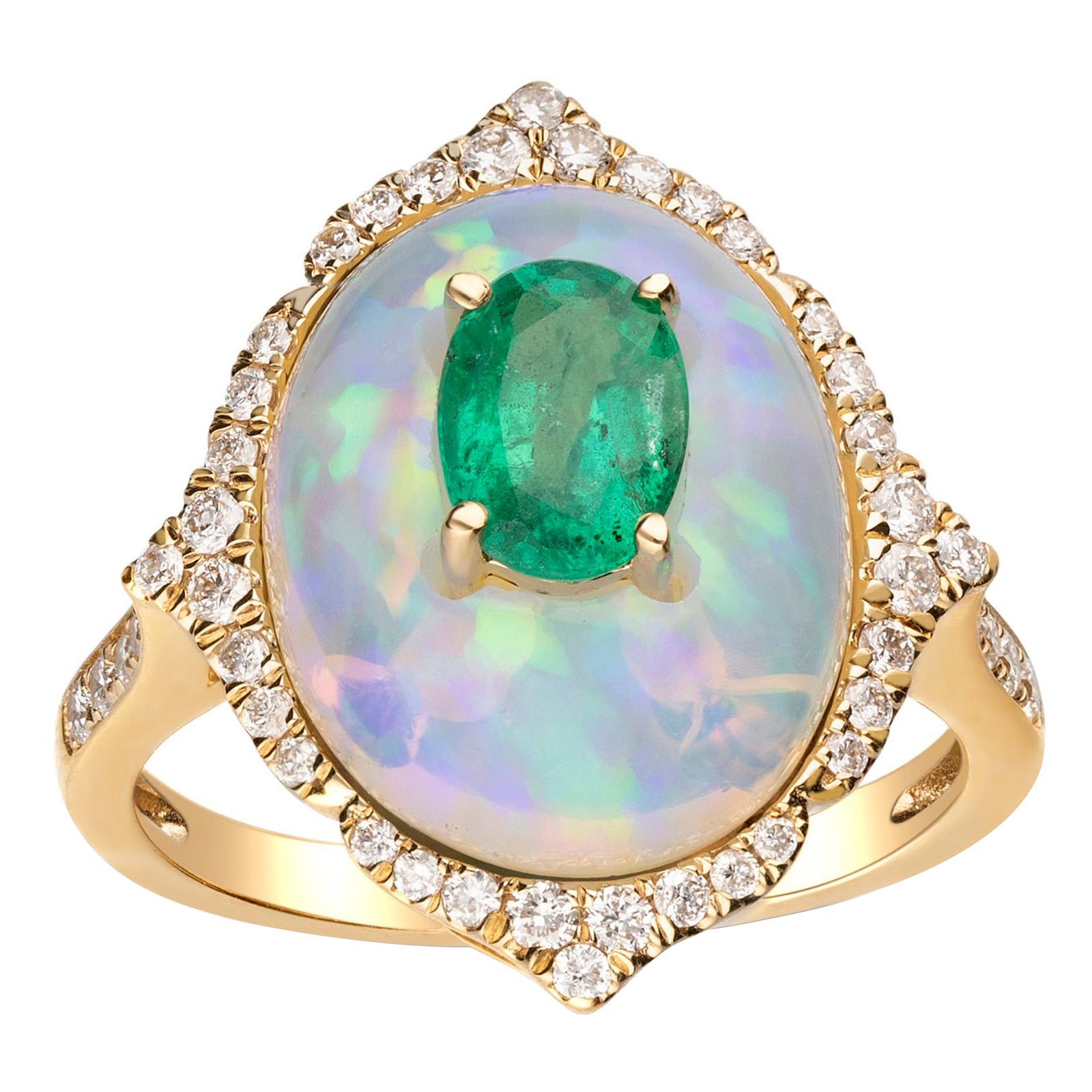 4/5 Carat Natural Emerald and Diamond 14 Karat Yellow Gold Ring